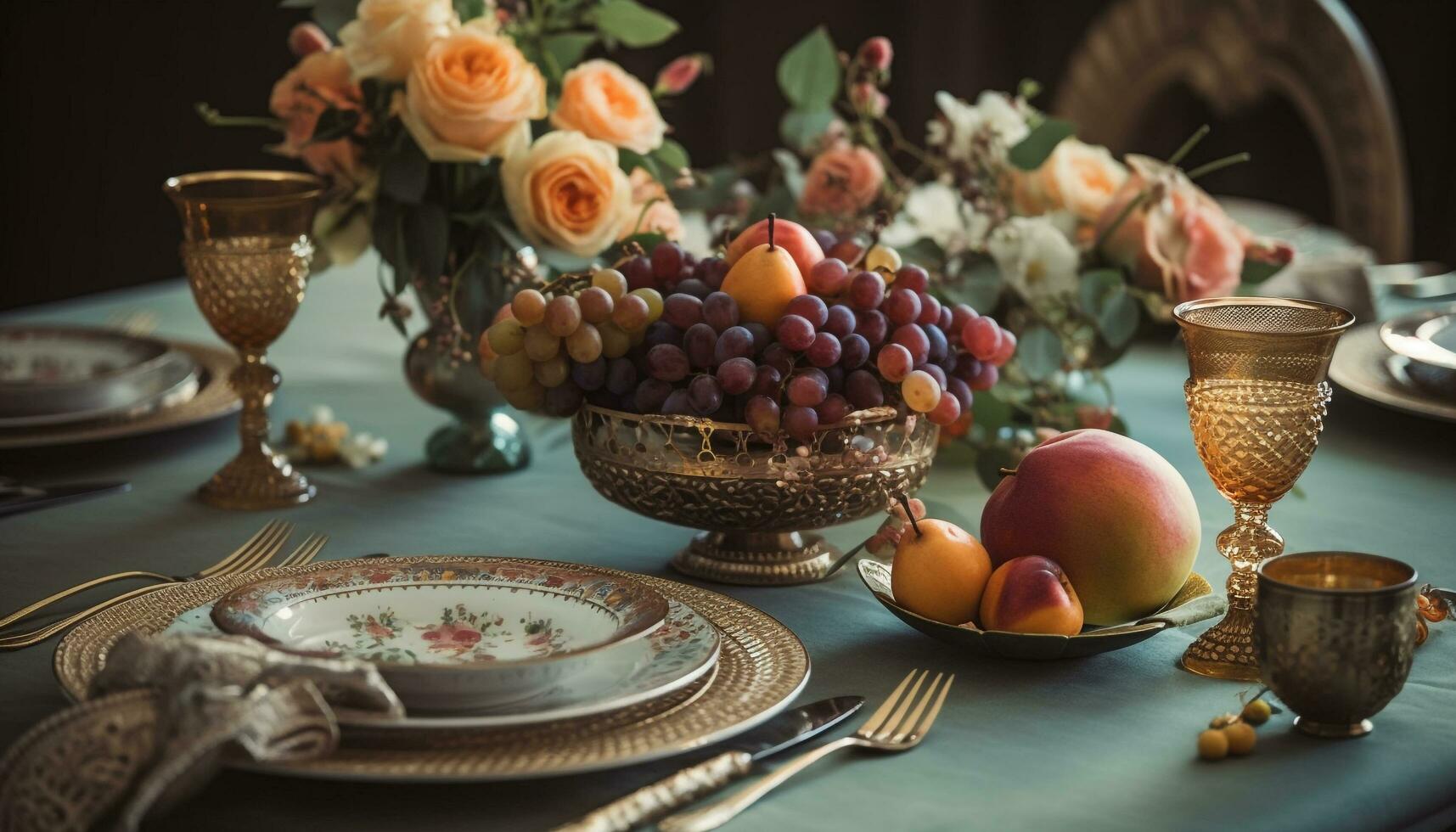 un rústico banquete arreglo en un de madera plato con uvas generado por ai foto