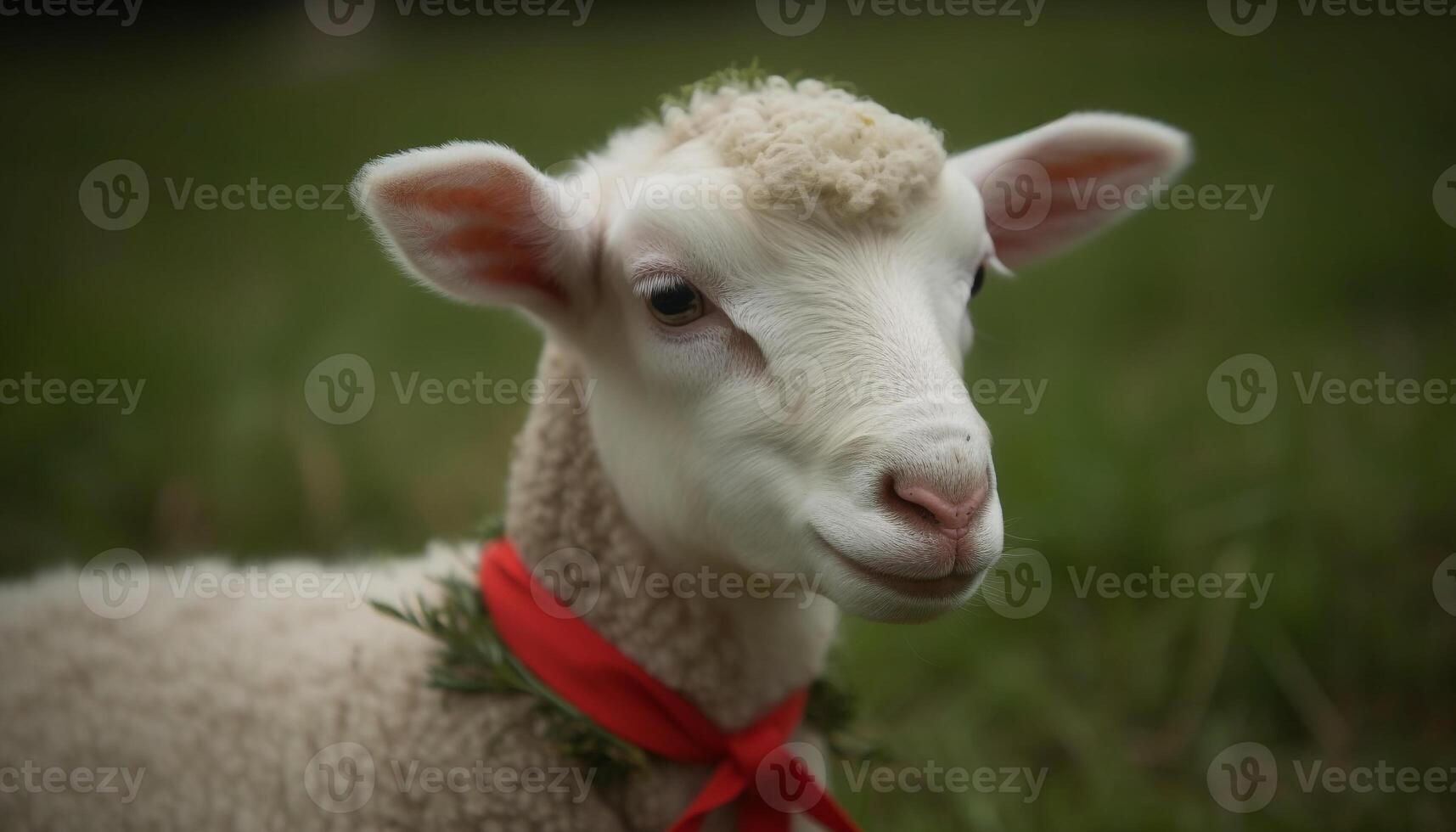 Cute lamb smiling, looking at camera in green meadow pasture generated by AI photo