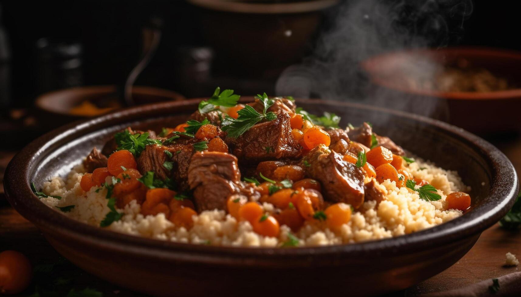 Dark homemade stew with beef, carrot, onion, and rice generated by AI photo