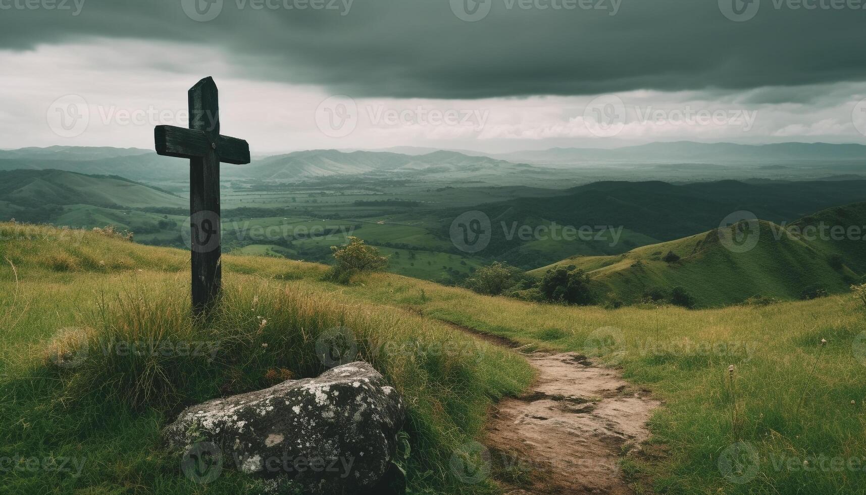 Tranquil sunset over majestic mountain range, cross symbolizes spirituality generated by AI photo