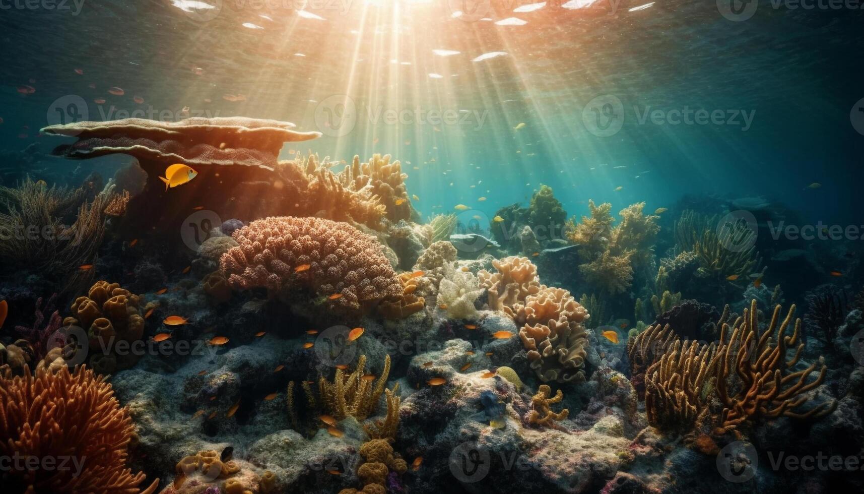 Deep below, a multi colored seascape of aquatic animals swimming generated by AI photo