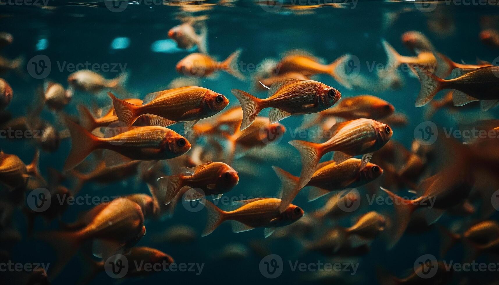 A school of fish swims in the deep blue reef generated by AI photo