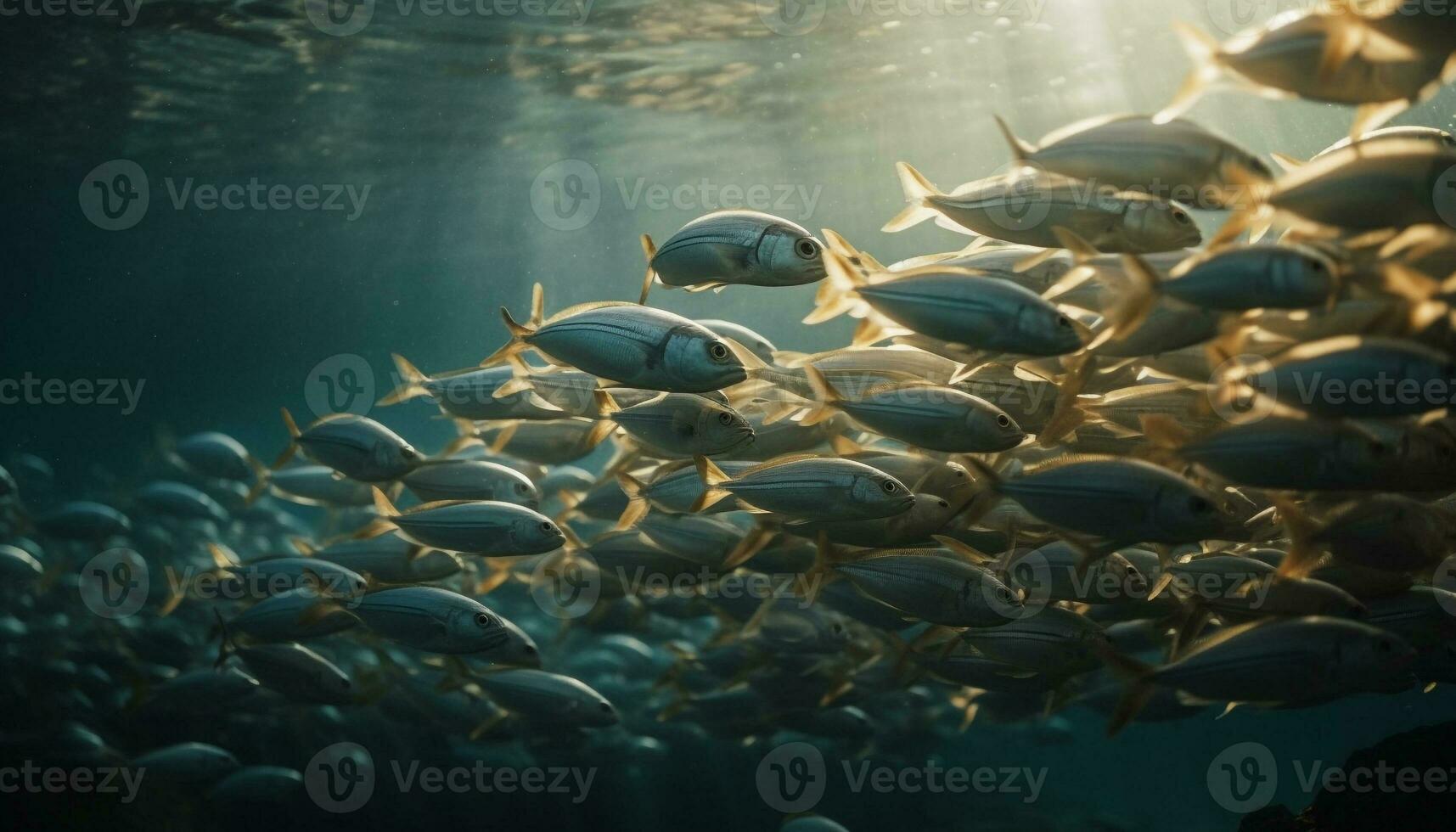 A school of multi colored fish swim in a tropical reef generated by AI photo