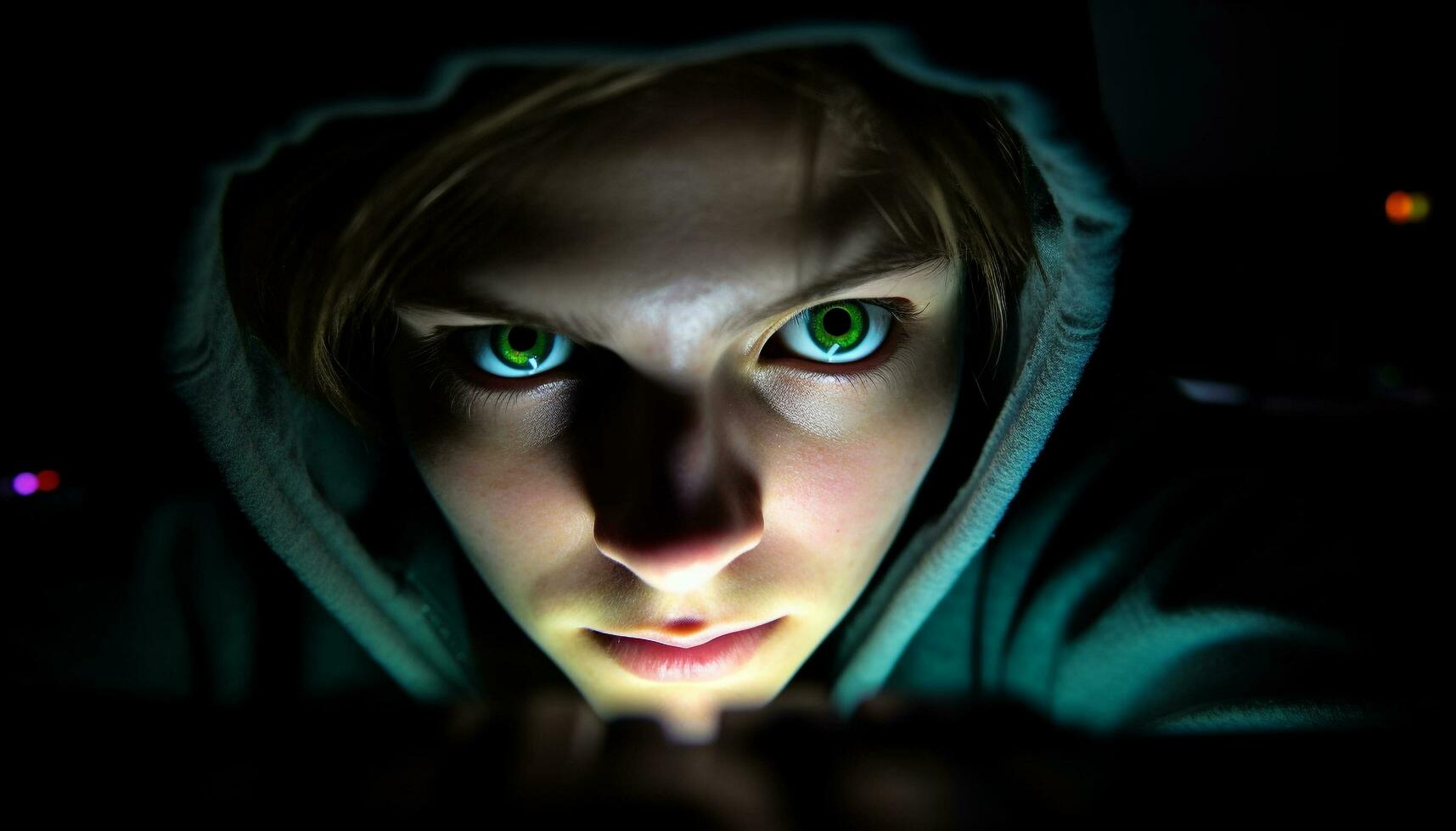 A spooky portrait of a young adult staring into darkness generated by AI photo