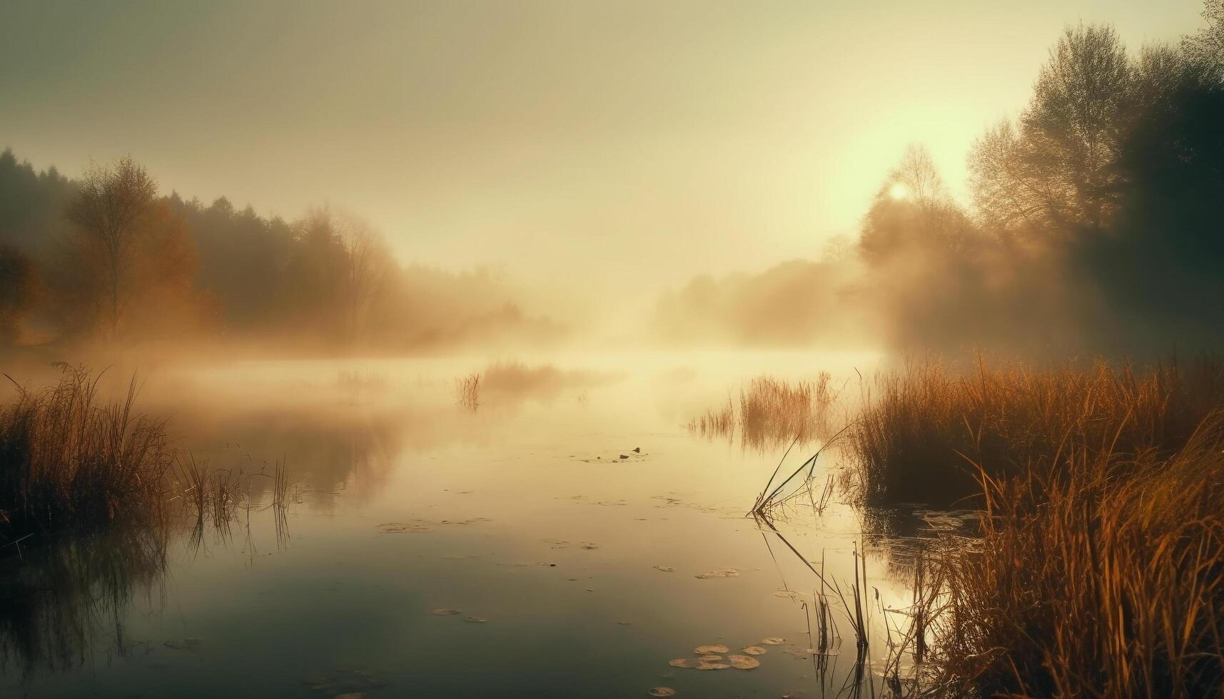 A tranquil scene of natural beauty foggy autumn reflection generated by AI photo