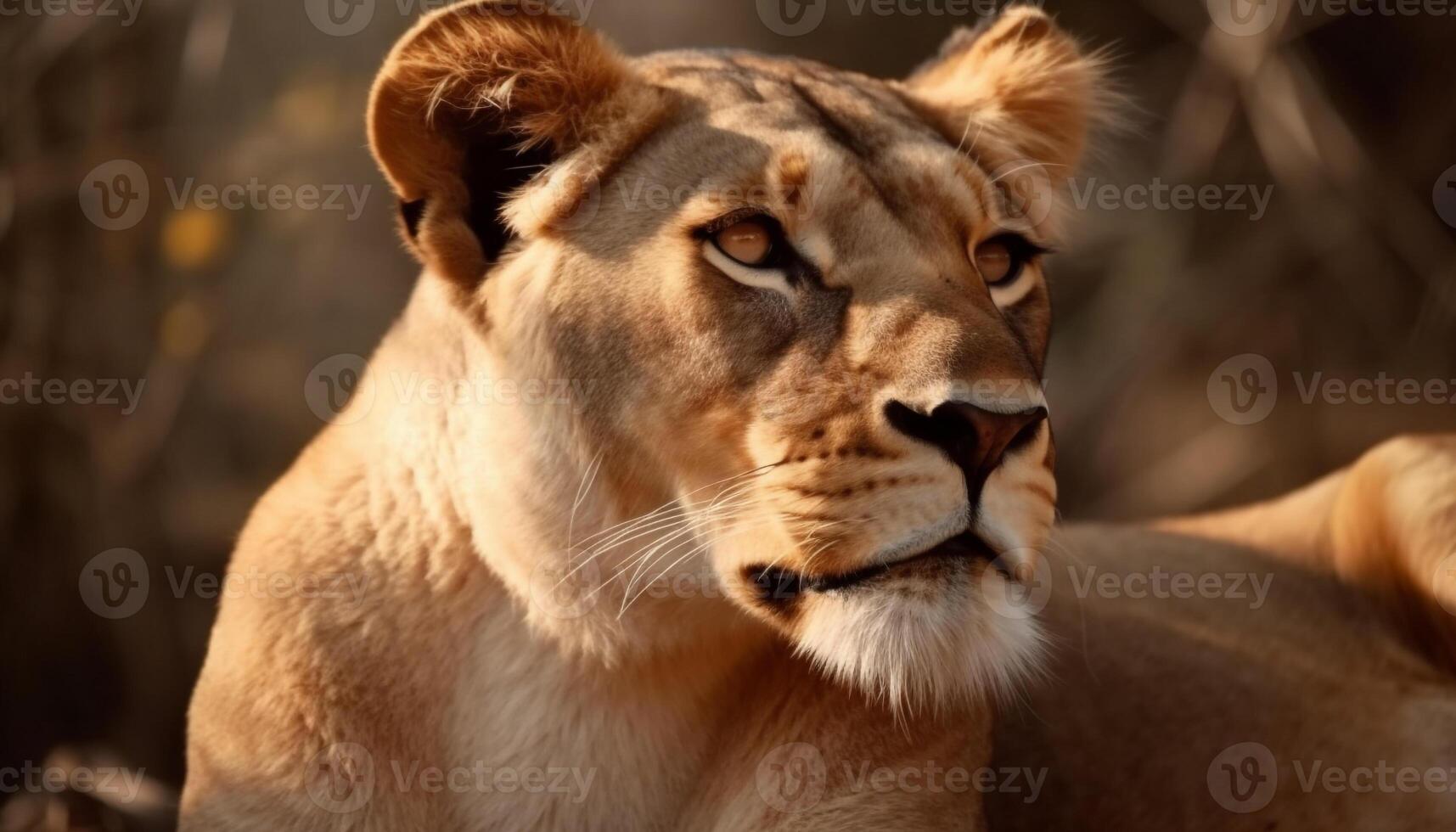 Close up portrait of majestic lioness, alertness in her eyes generated by AI photo