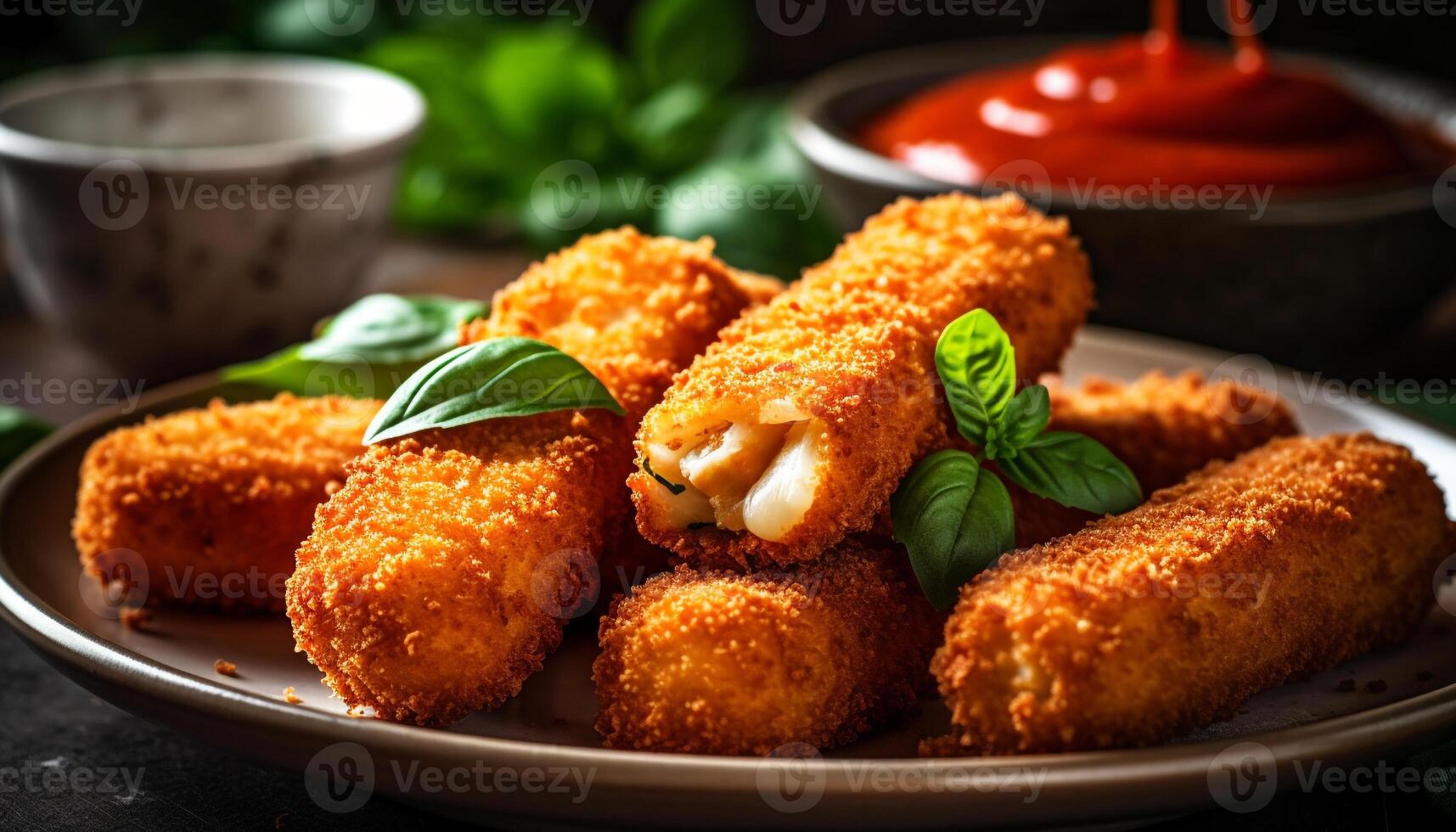 Crunchy breaded fish with savory sauce on rustic plate generated by AI photo