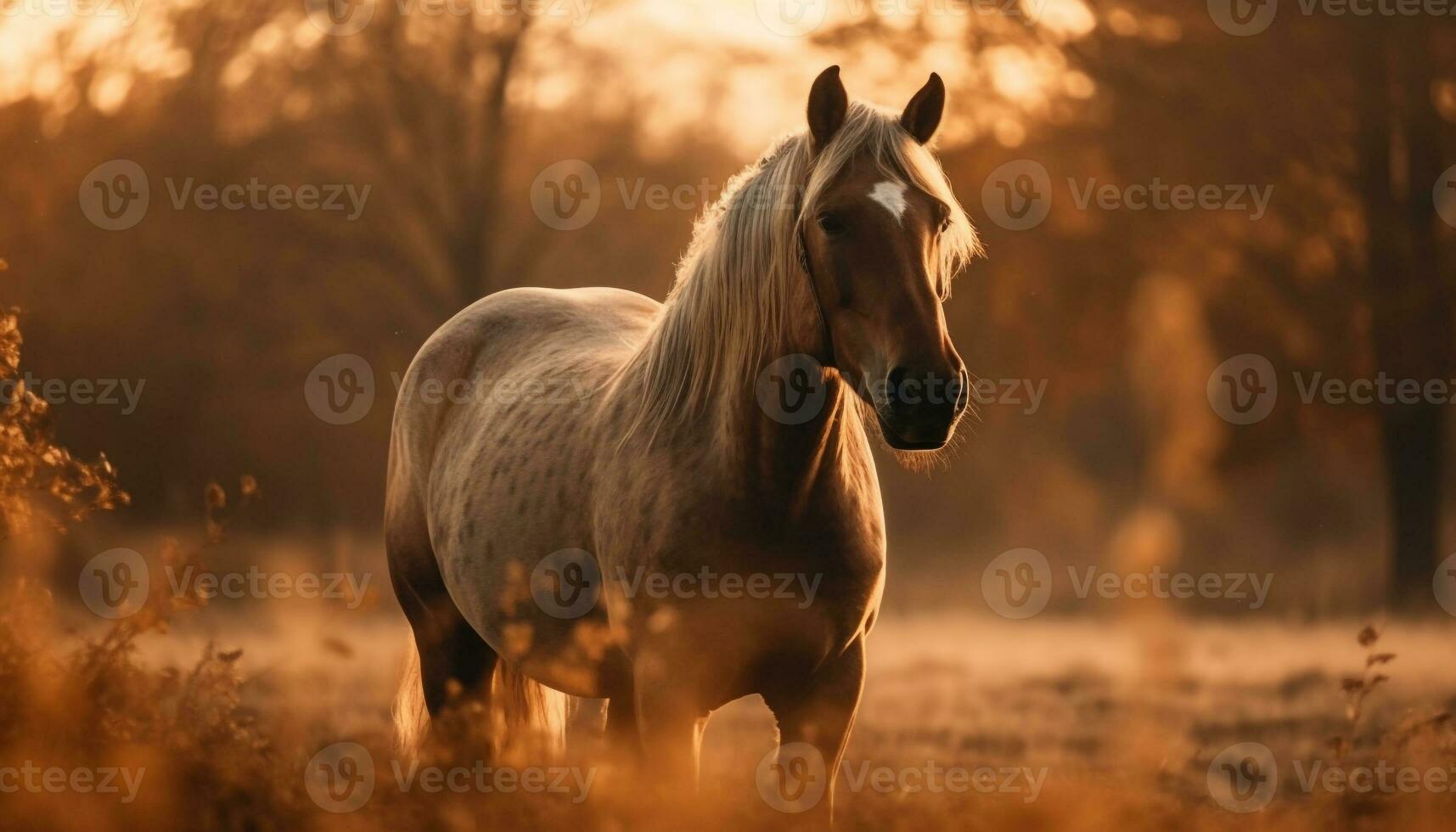 The majestic stallion grazes in the tranquil meadow at sunset generated by AI photo