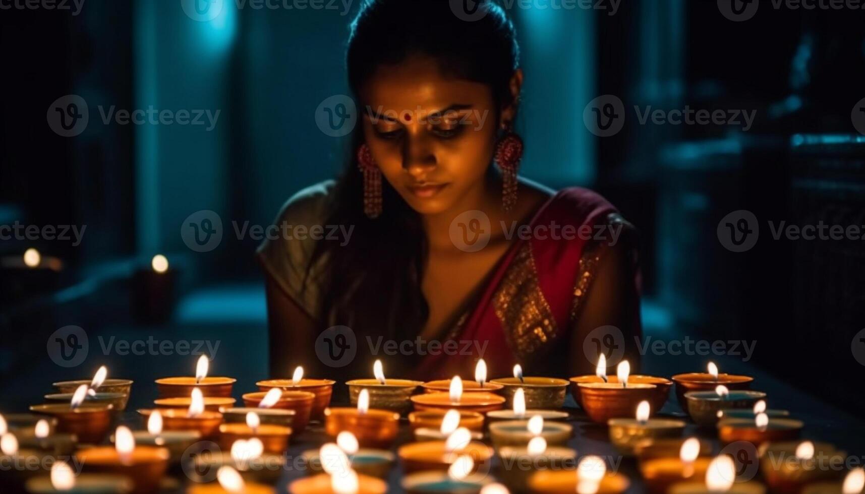 uno joven mujer meditando, participación vela, brillante con espiritualidad generado por ai foto