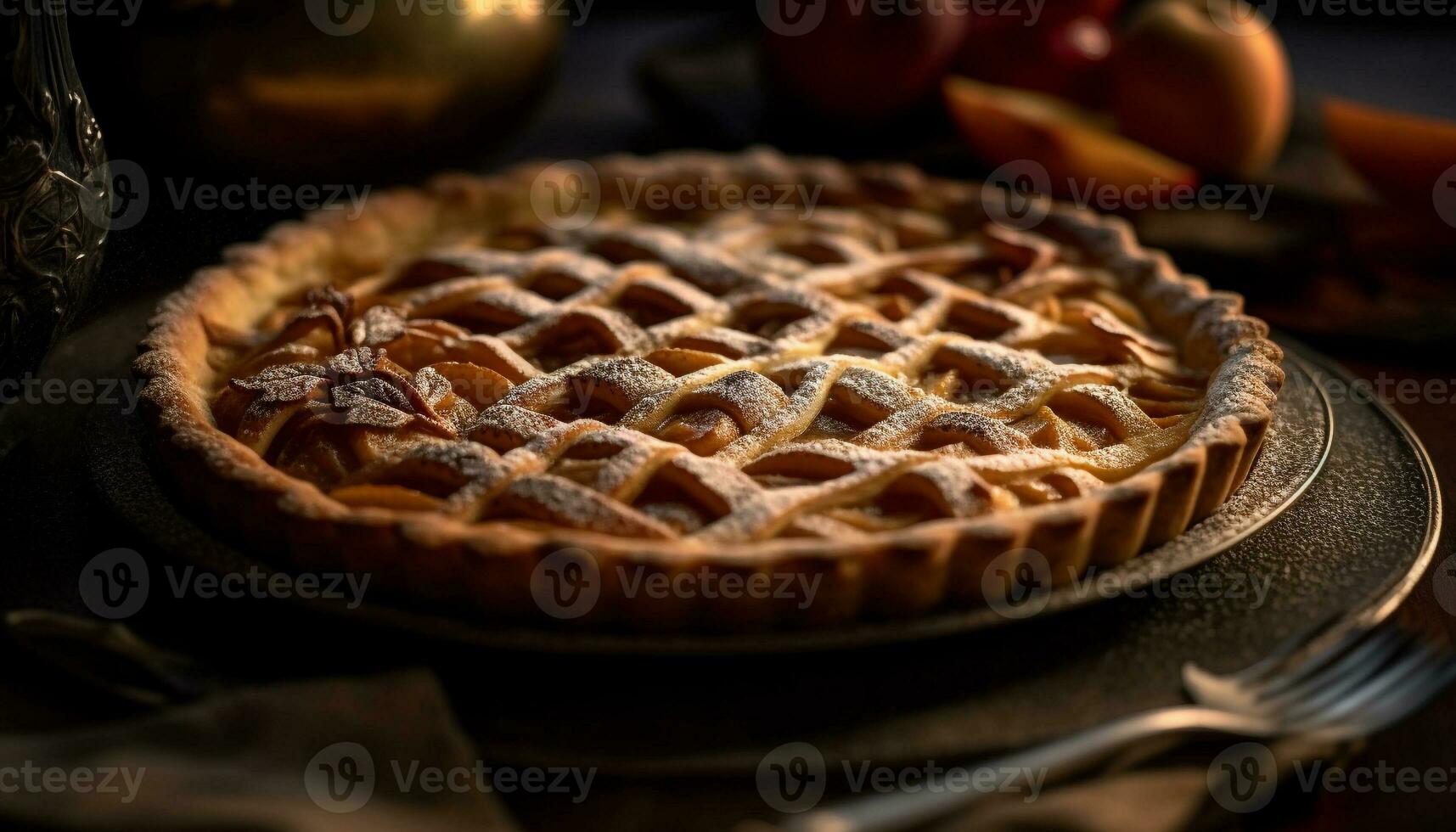 recién horneado manzana tarta, un dulce indulgencia en rústico mesa generado por ai foto