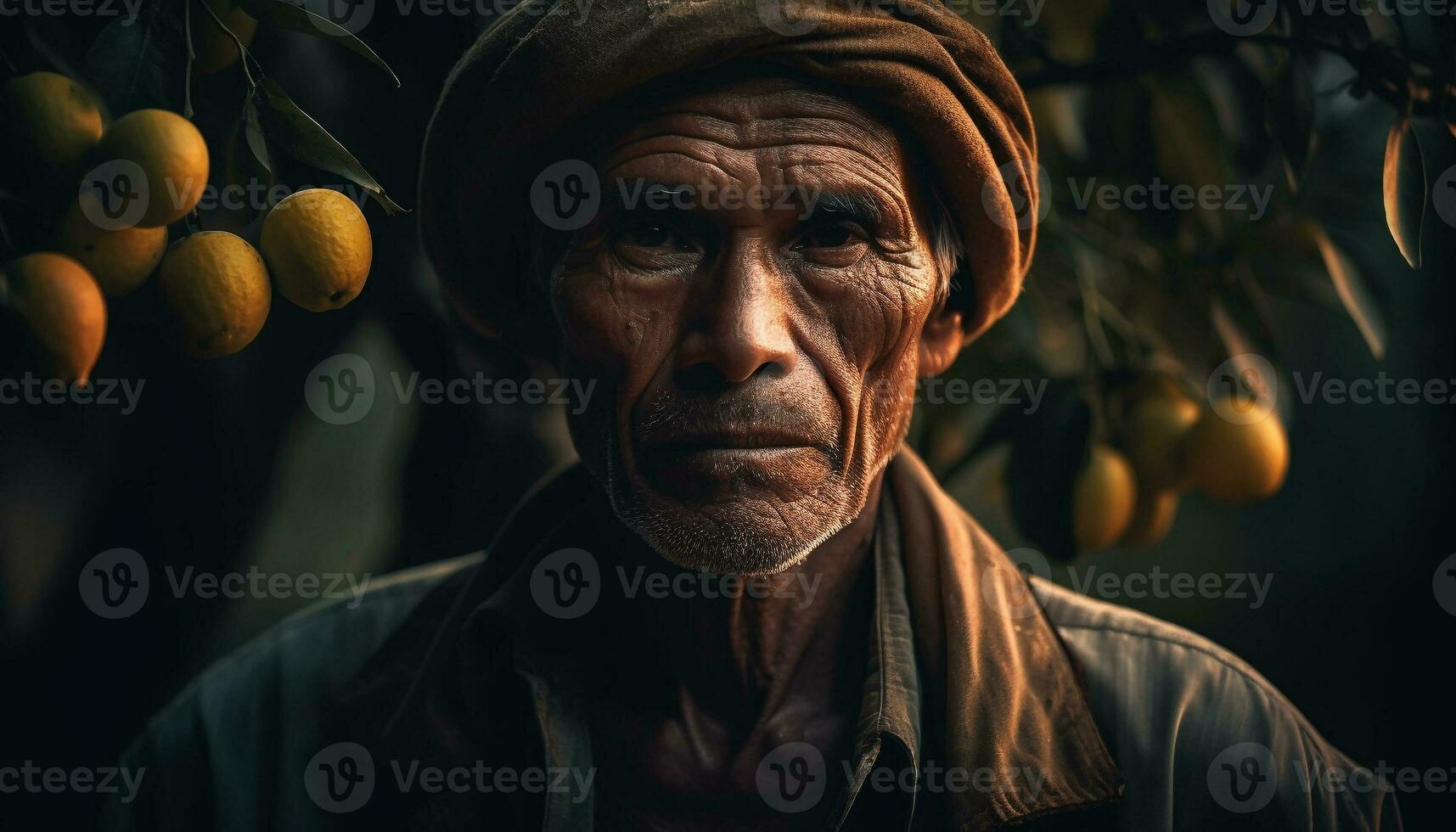 Senior farmer harvesting organic fruit and vegetables in rural scene generated by AI photo