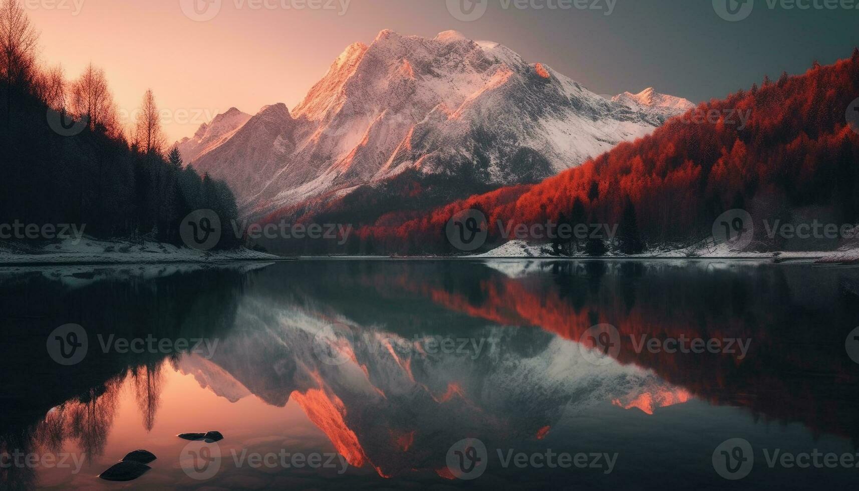 The majestic mountain range reflects in tranquil pond at sunset generated by AI photo