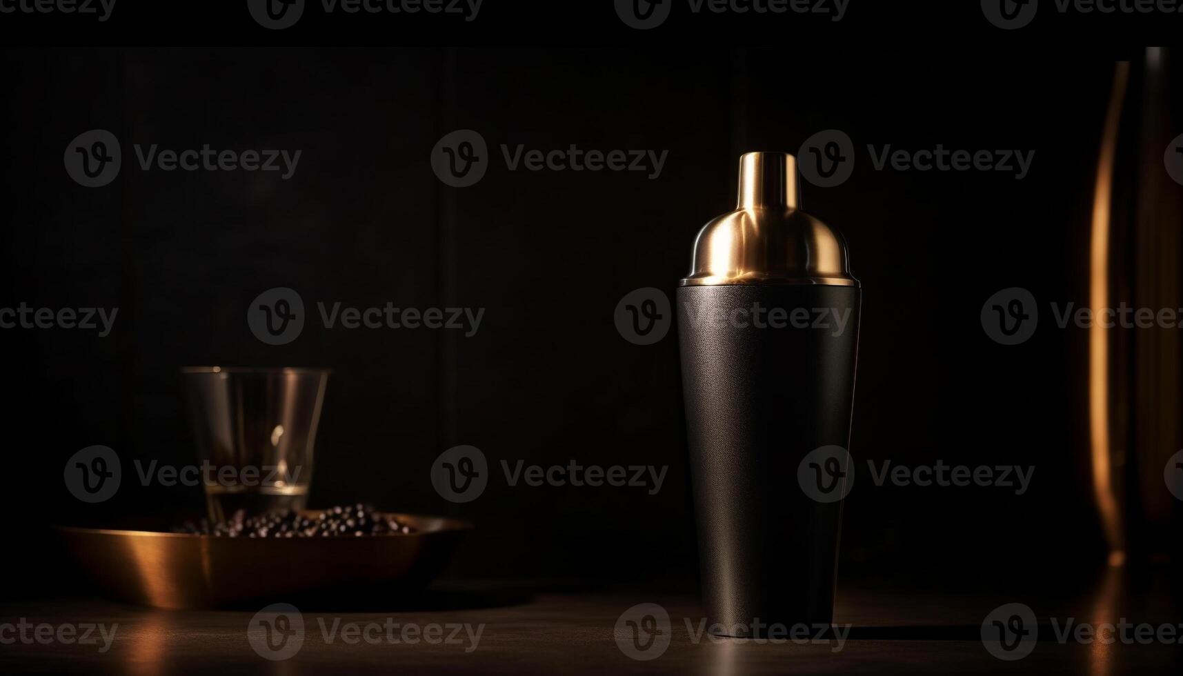 Shiny metallic bottle reflects elegance in dark studio shot generated by AI photo