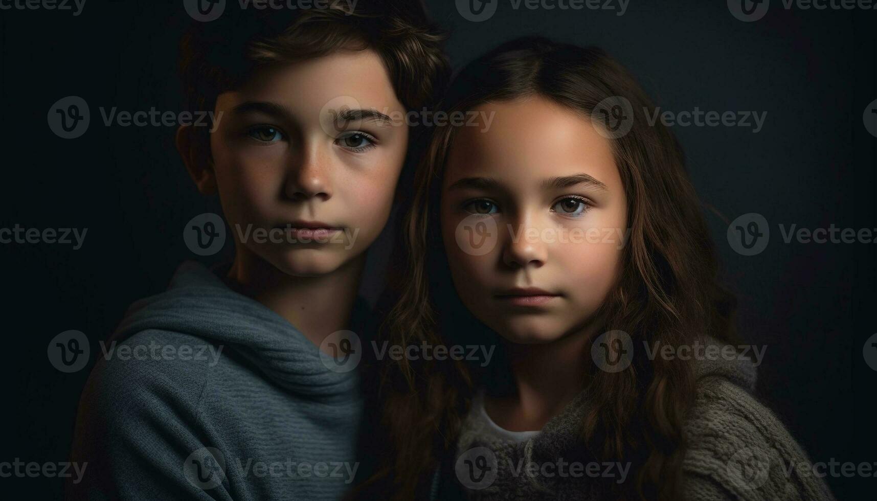 Two cute siblings, a brother and sister, smiling for portrait generated by AI photo