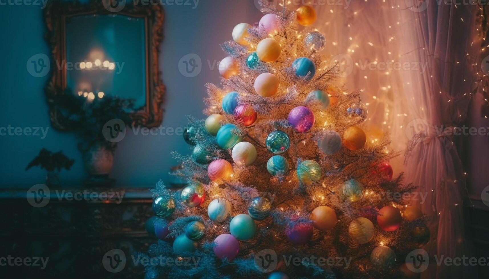 Shiny ornaments illuminate tree, bringing joy to winter celebration indoors generated by AI photo