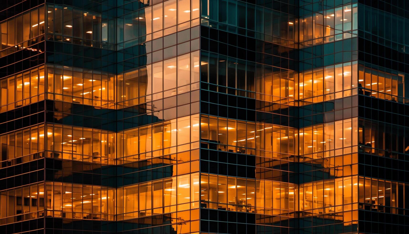 A modern skyscraper reflects the vibrant city life at dusk generated by AI photo