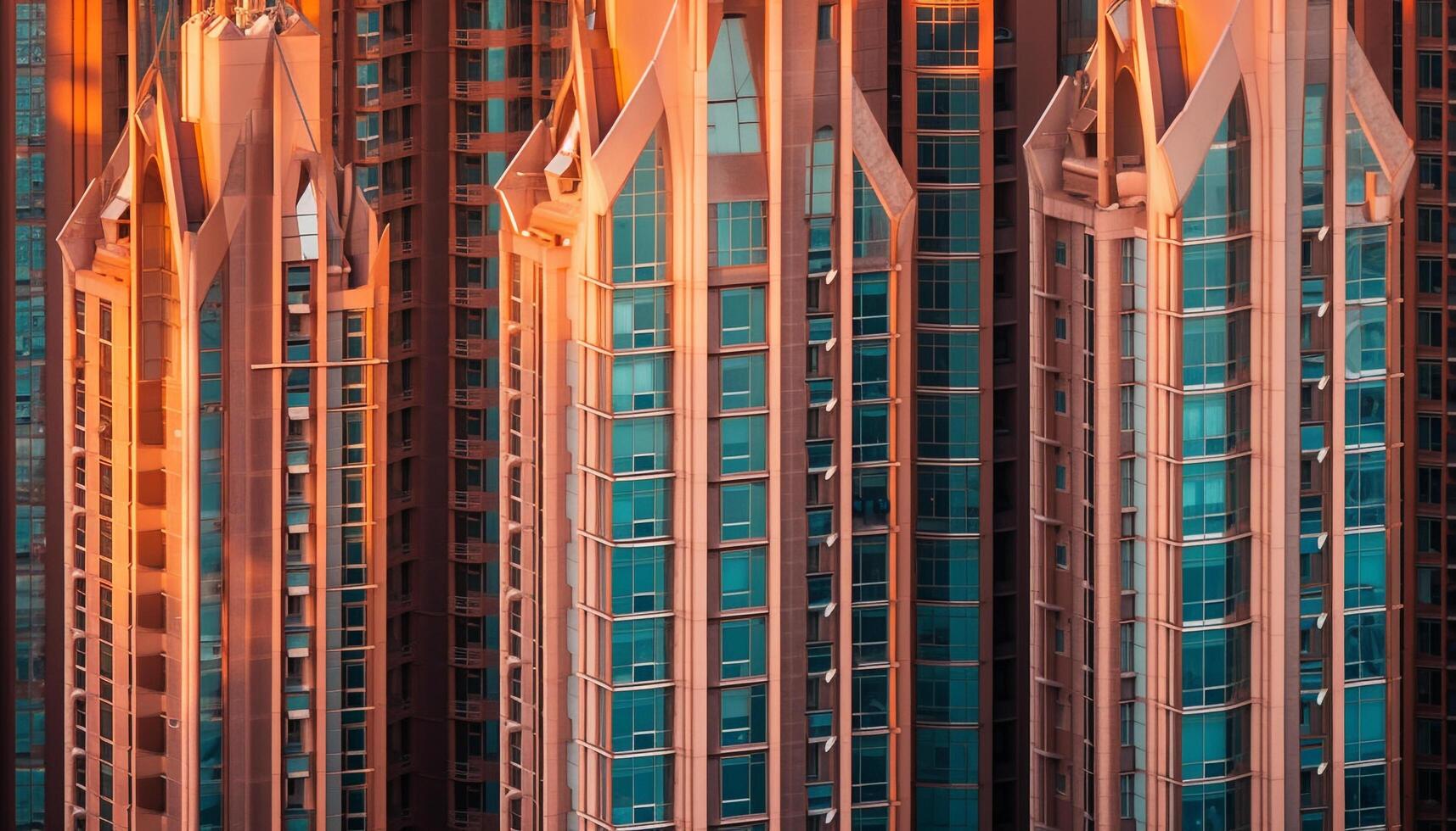 Modern skyscraper illuminates city skyline with futuristic geometric shape generated by AI photo