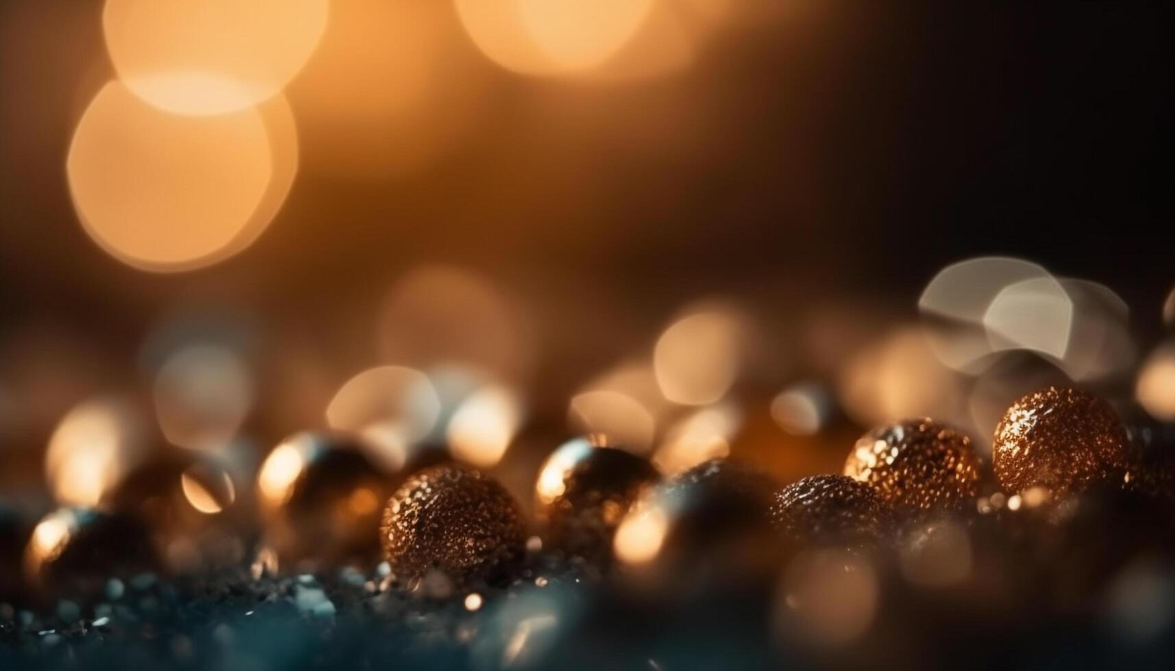 Shiny gold Christmas sphere glows in defocused winter backdrop generated by AI photo