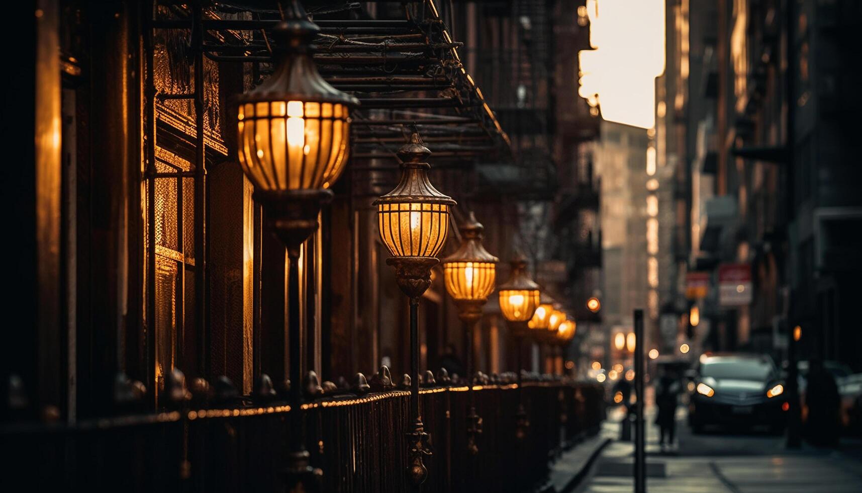 el antiguo ciudad calle brilla con iluminado linternas a oscuridad generado por ai foto