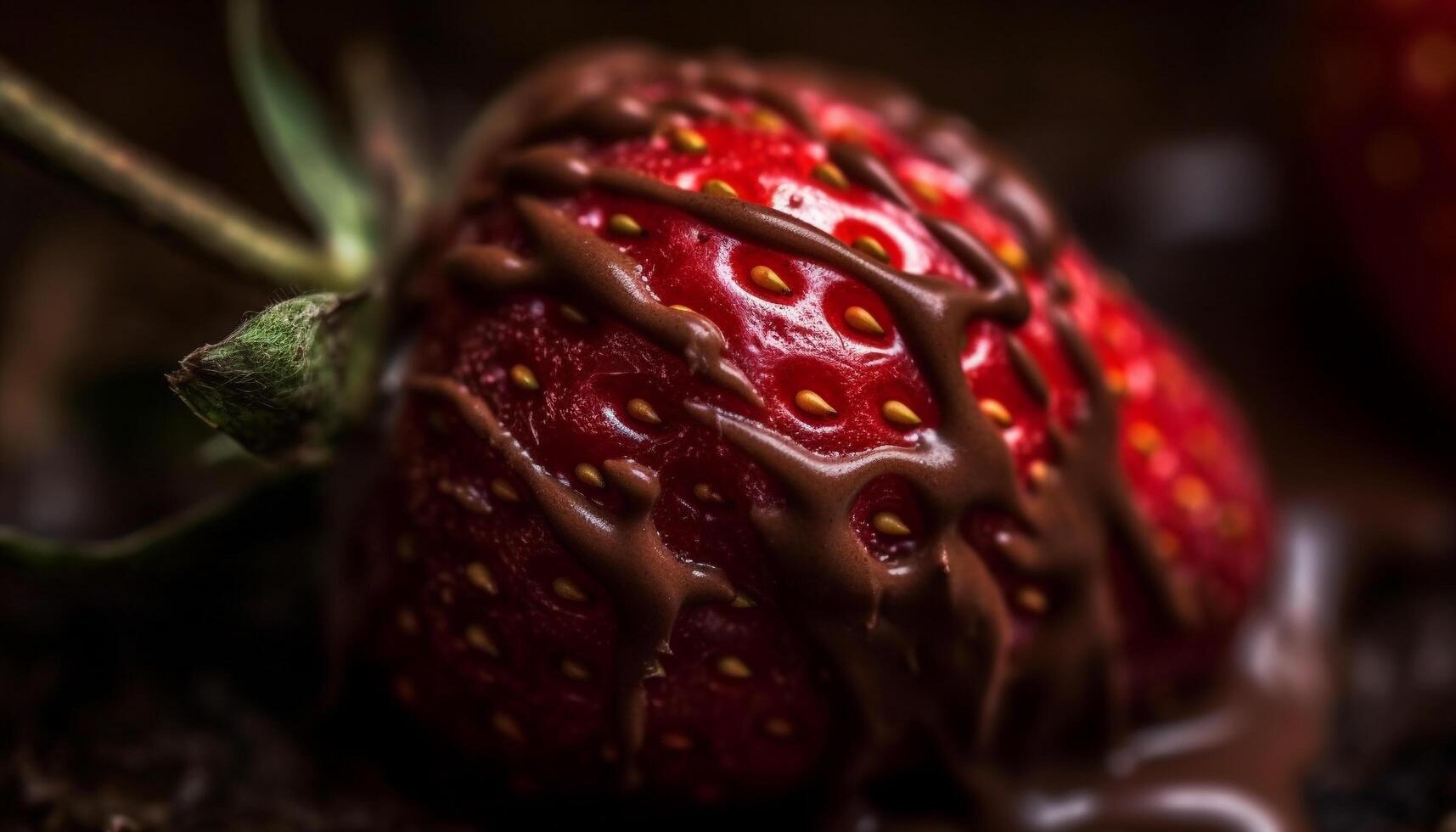 Juicy ripe strawberry dipped in gourmet chocolate, a sweet indulgence generated by AI photo