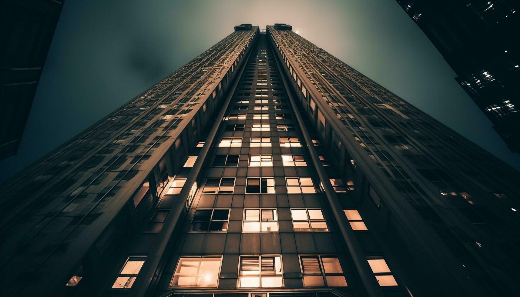 Modern skyscraper illuminates city skyline with futuristic steel design generated by AI photo