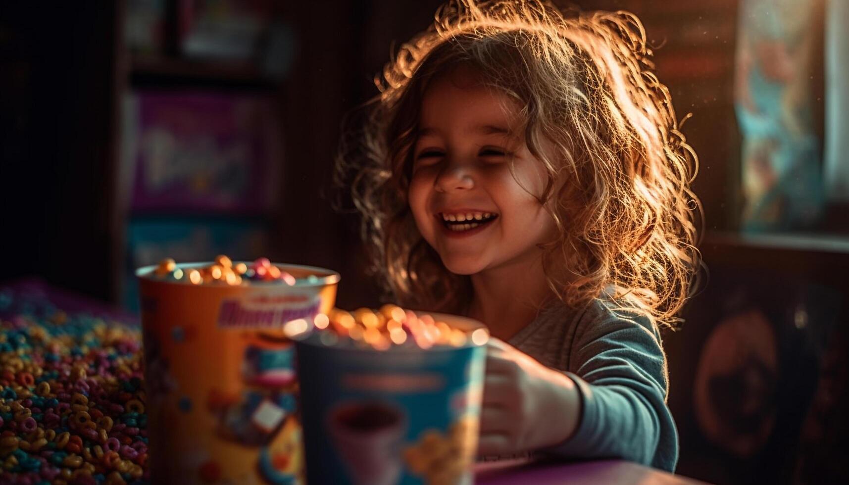 uno linda niña sentado a mesa, disfrutando comida y bebida generado por ai foto