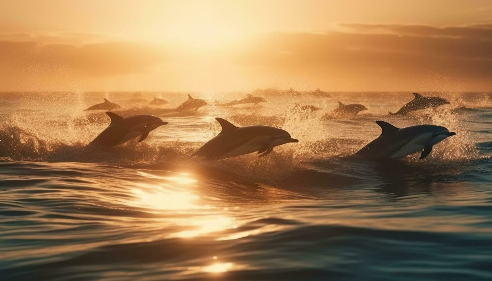 A playful dolphin jumps in the sunset, splashing in water generated by AI photo