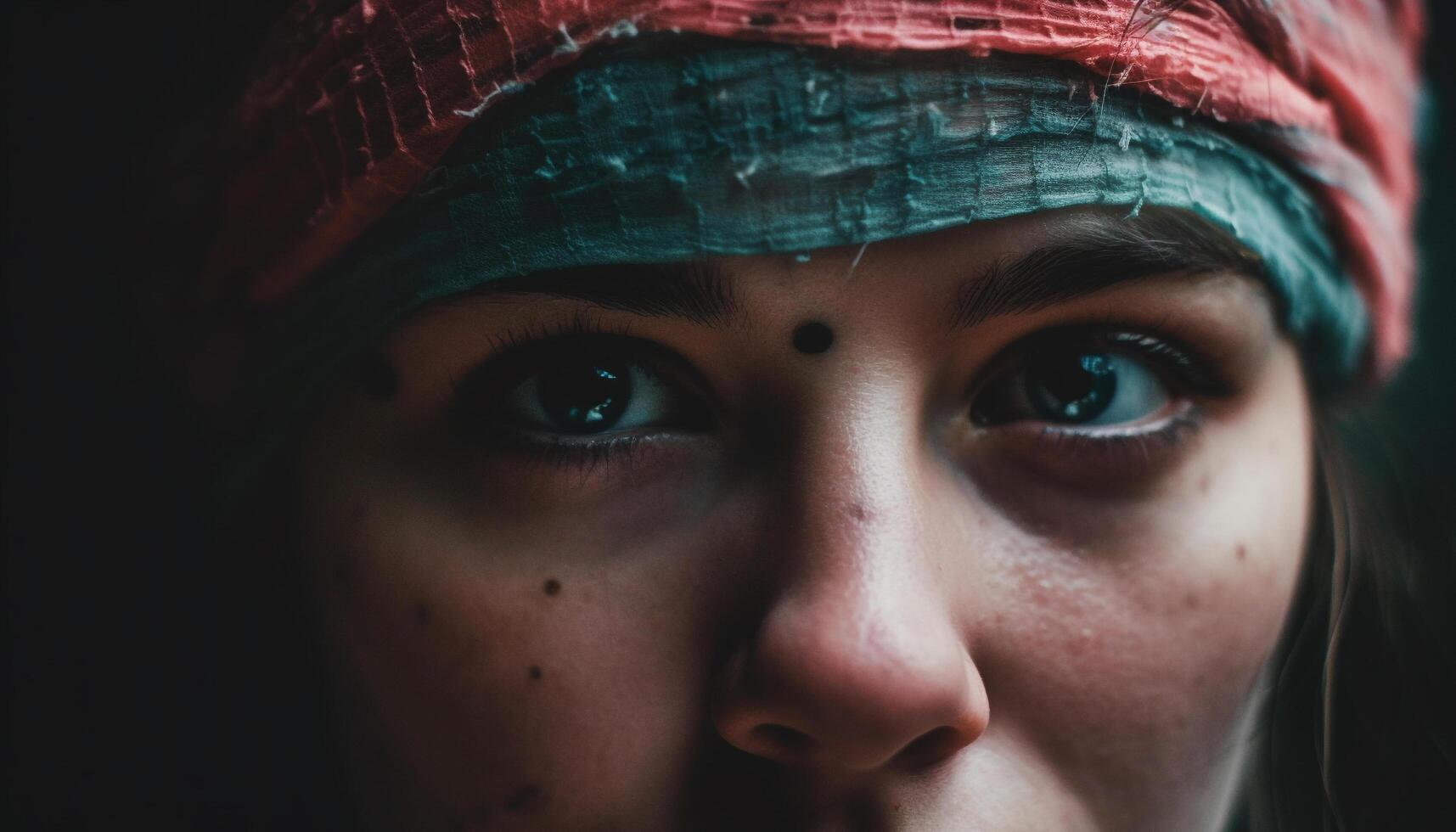 One young adult woman, looking outdoors, wearing religious veil sadly generated by AI photo