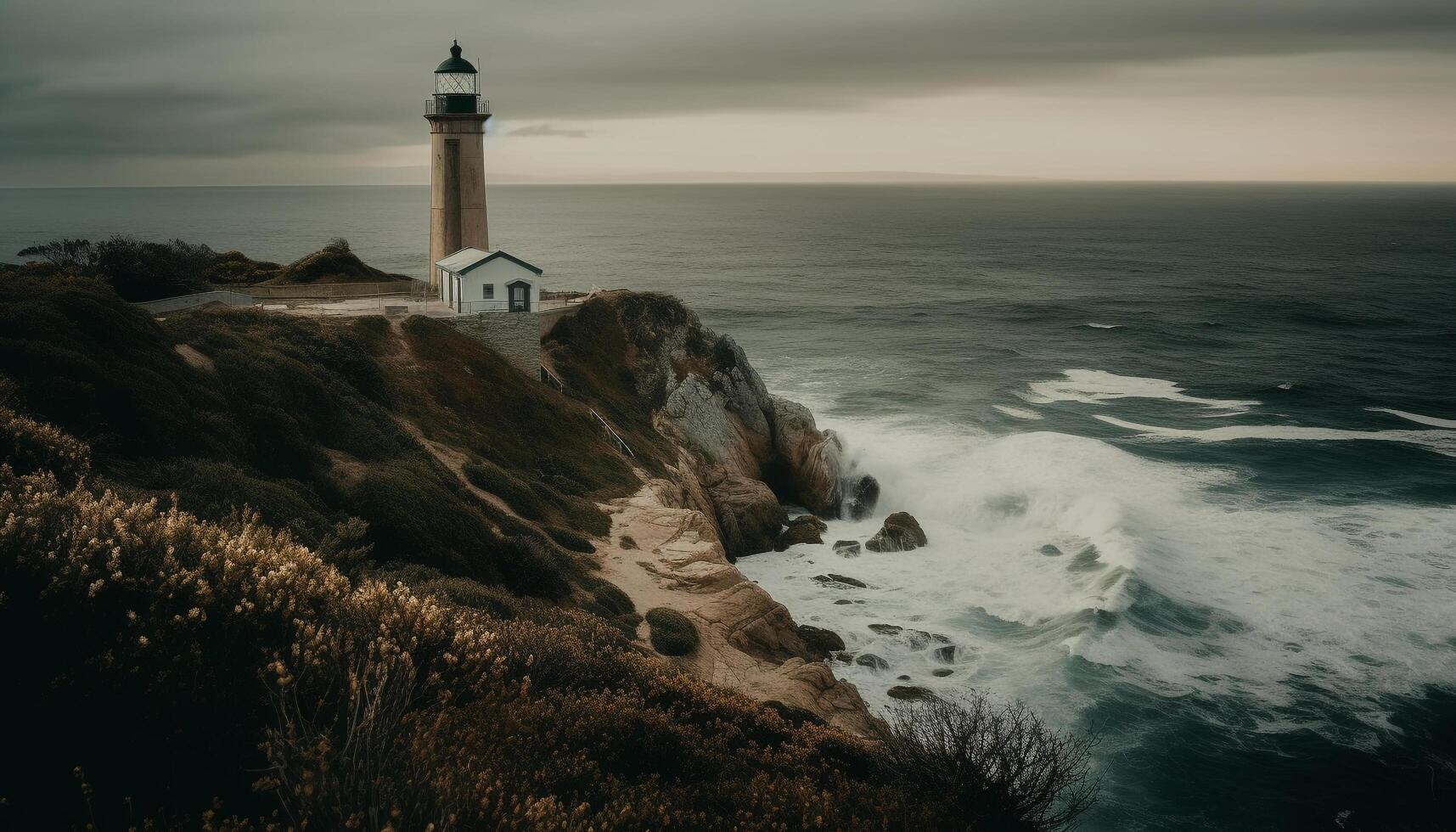 The beacon light guides sailors through dangerous waters at dusk generated by AI photo