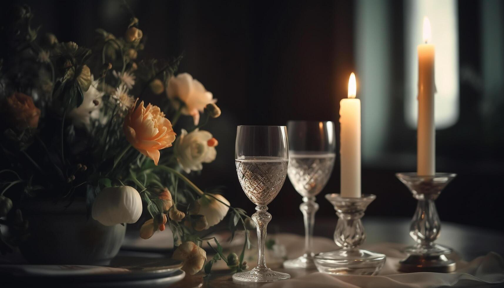 elegante Boda celebracion con champán, luz de una vela, y romántico flores generado por ai foto