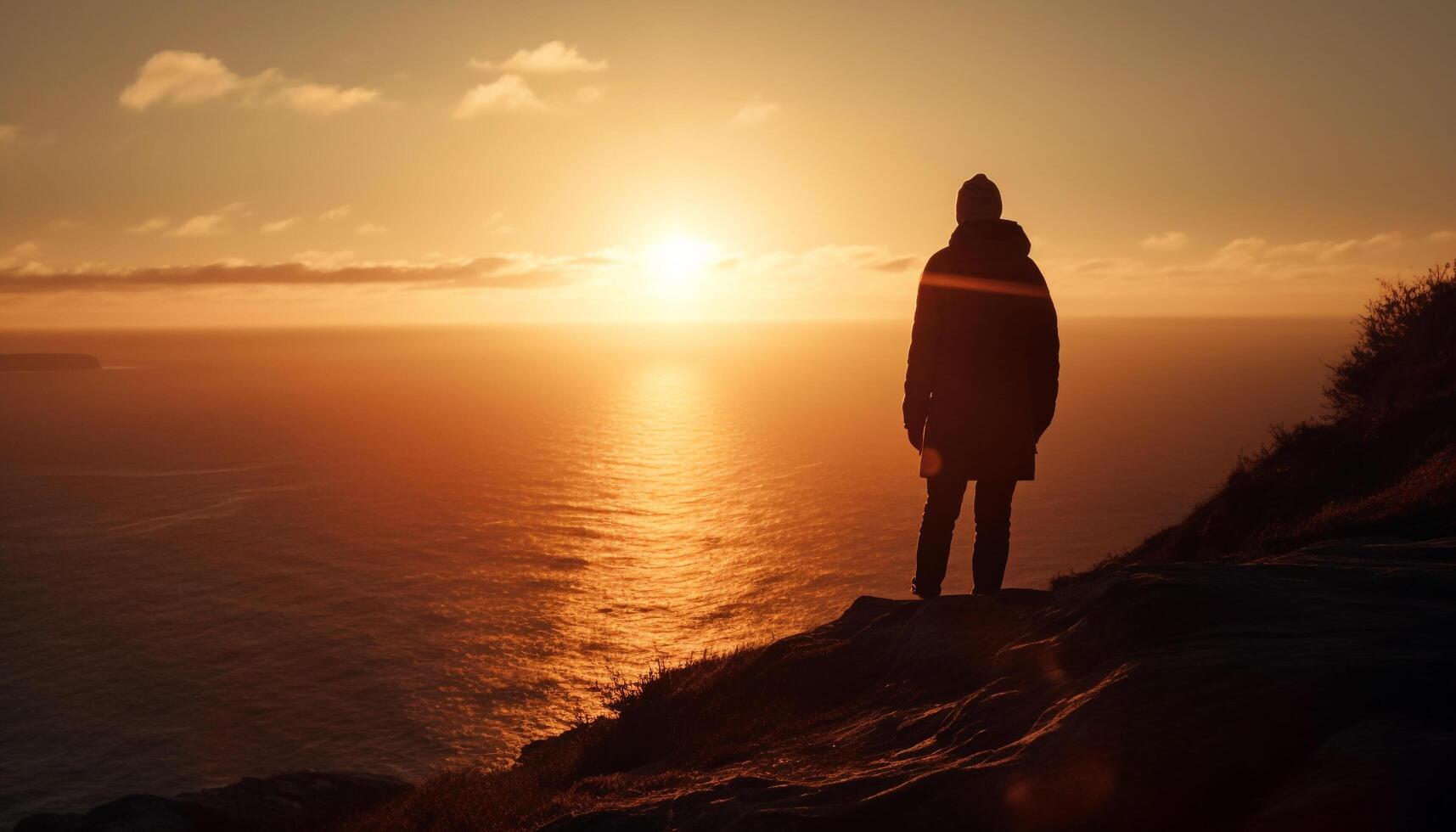 One person standing, back lit, admiring serene sunset view generated by AI photo