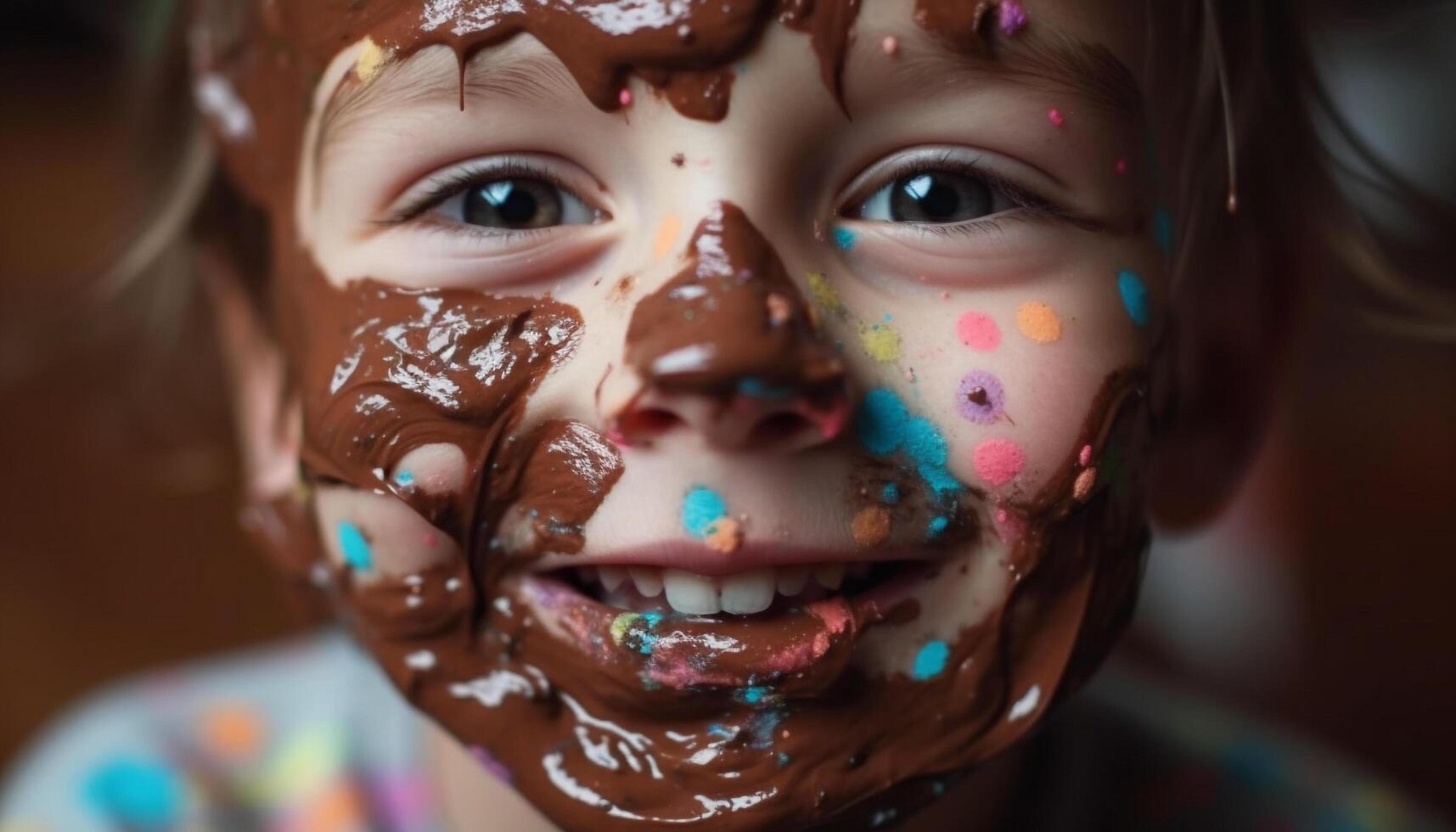 Cute girl indulges in messy chocolate snack, smiling joyfully generated by AI photo