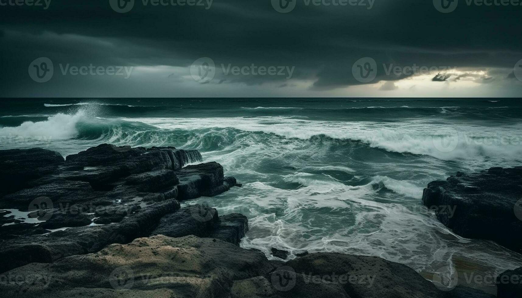dramático cielo y estrellarse olas a aguas borde, un tormenta generado por ai foto