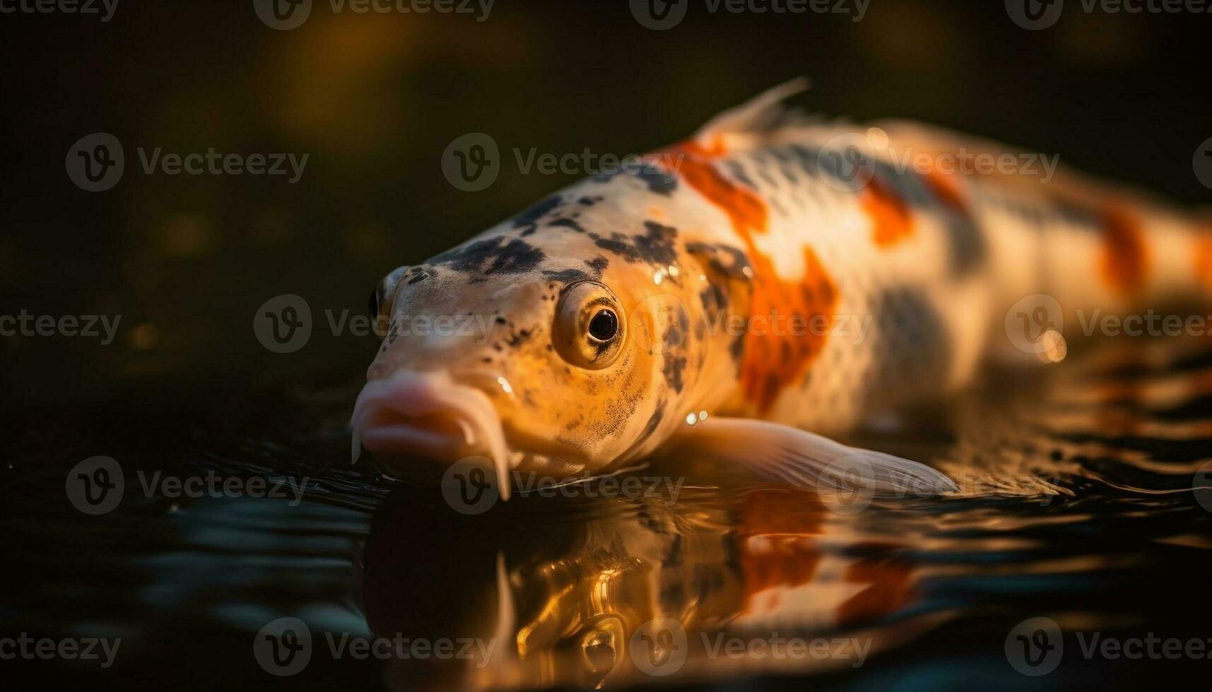 Close up of yellow koi carp swimming in tranquil pond generated by AI photo