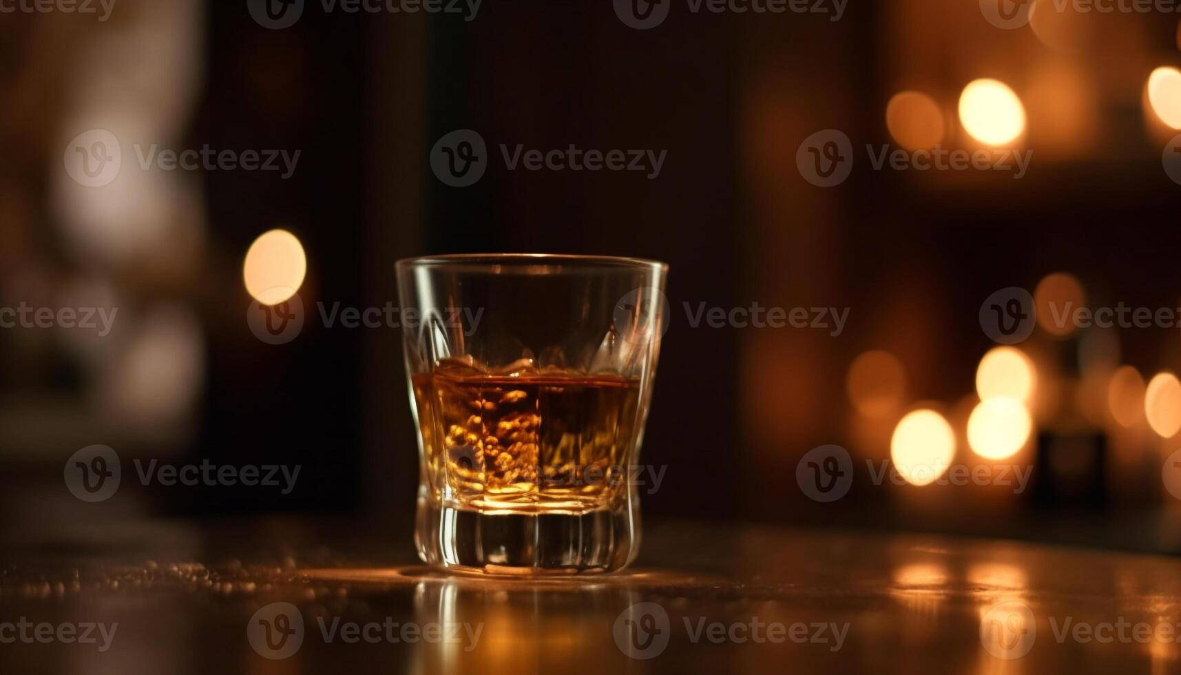 Luxury whiskey bar glowing glasses, ice, and golden flames generated by AI photo