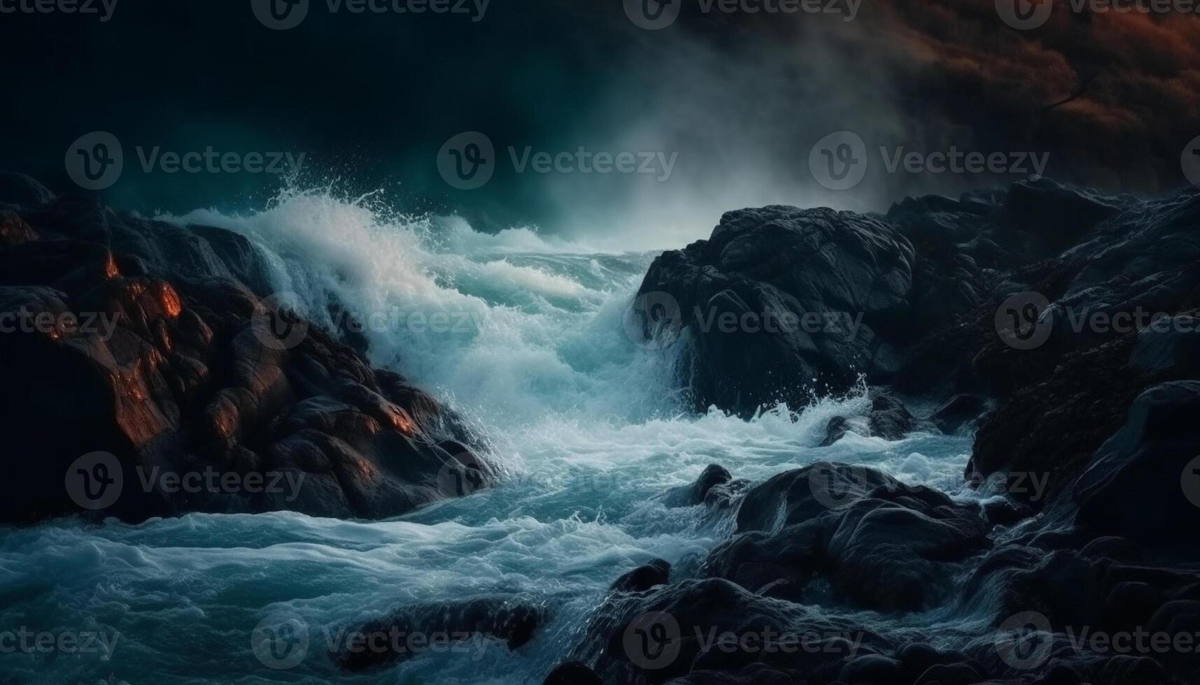 Dark cliff, majestic wave, wet spray nature danger breaking generated by AI photo