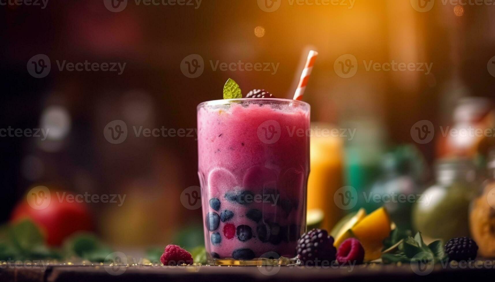 Organic berry smoothie with fresh blueberries and raspberries on wood table generated by AI photo