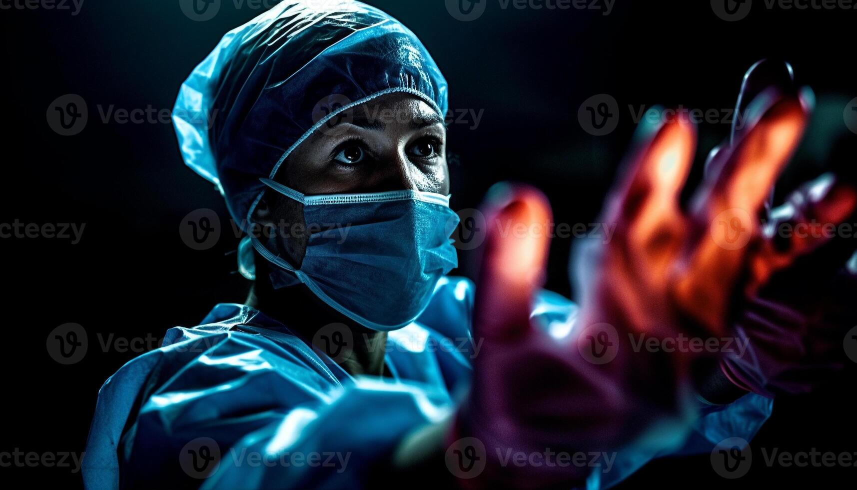 Expert surgeon in protective mask and workwear performs successful surgery generated by AI photo