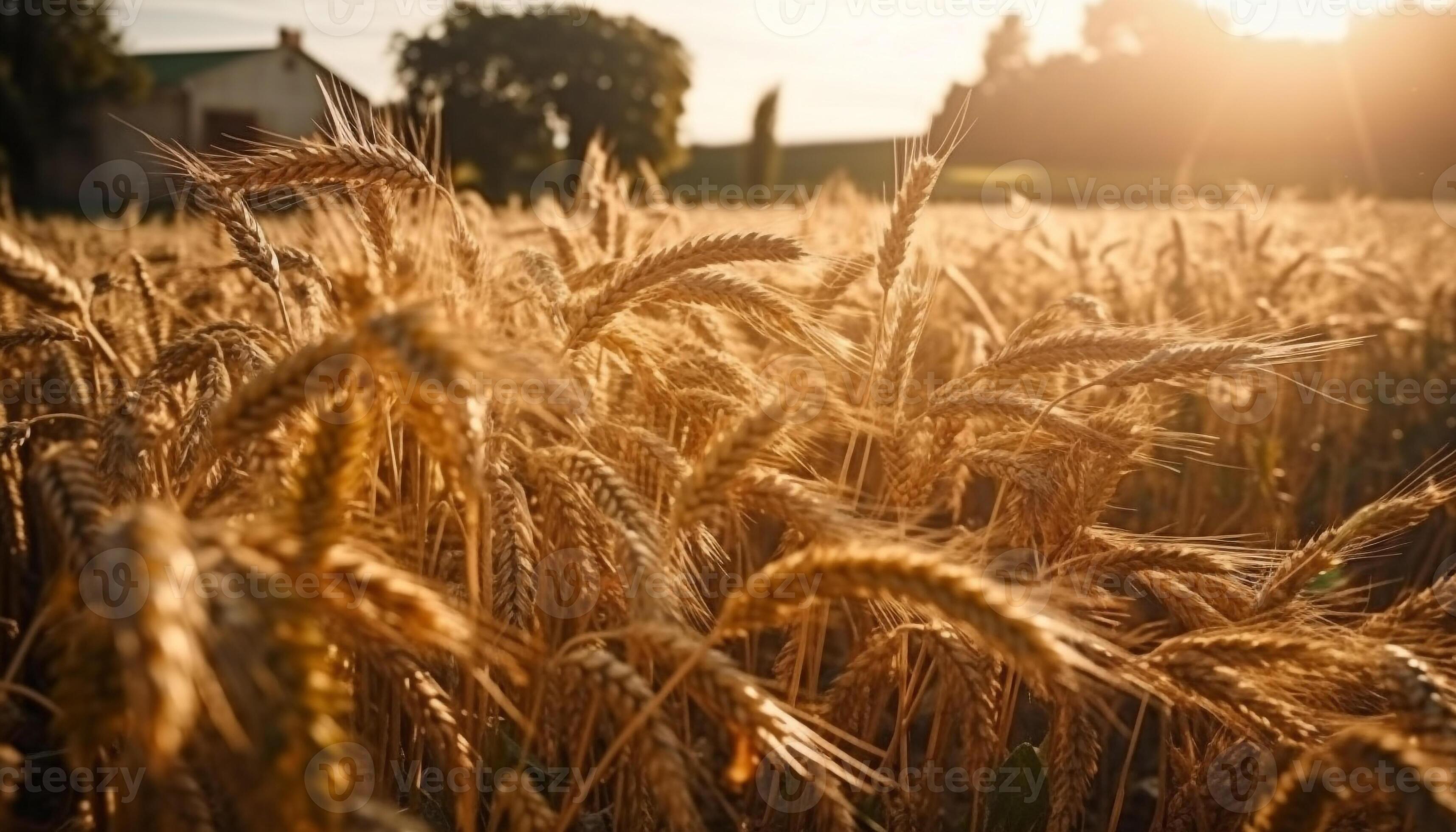 Ripe wheat fields glow in sunset, a bountiful harvest awaits generated by AI 24746720 Stock