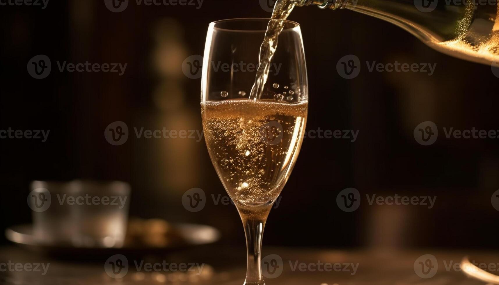 Luxury champagne pouring into crystal flute on elegant table generated by AI photo