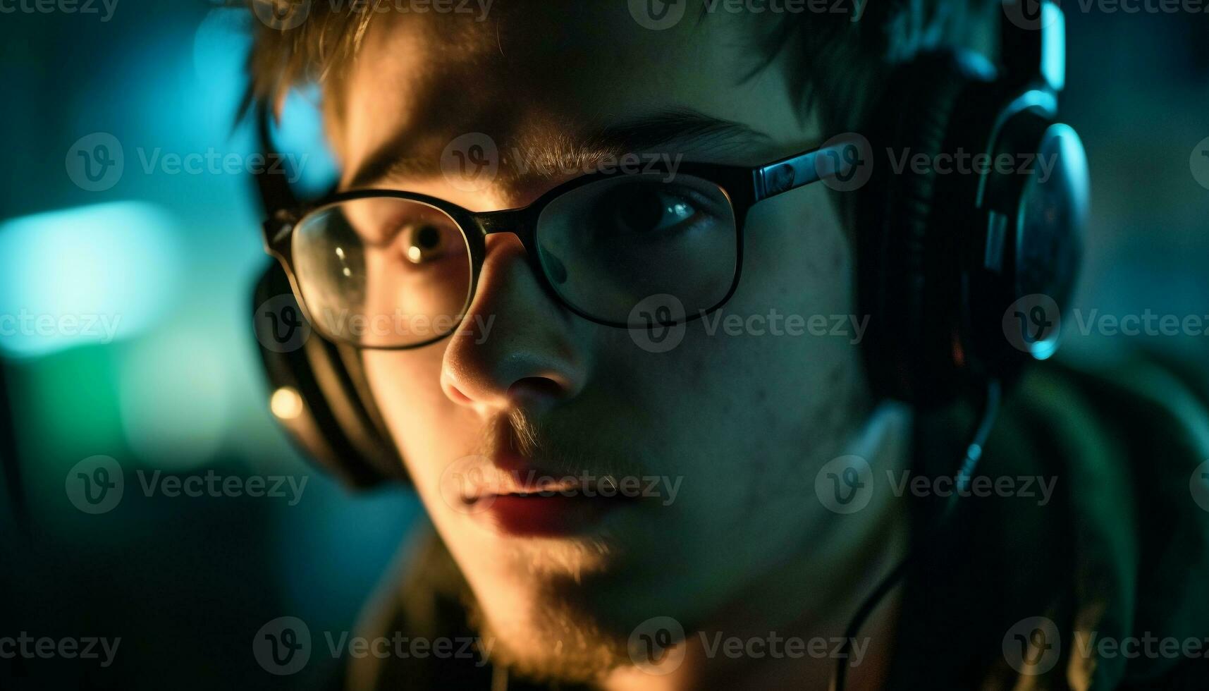 A young adult with headphones enjoys the nightlife and music generated by AI photo