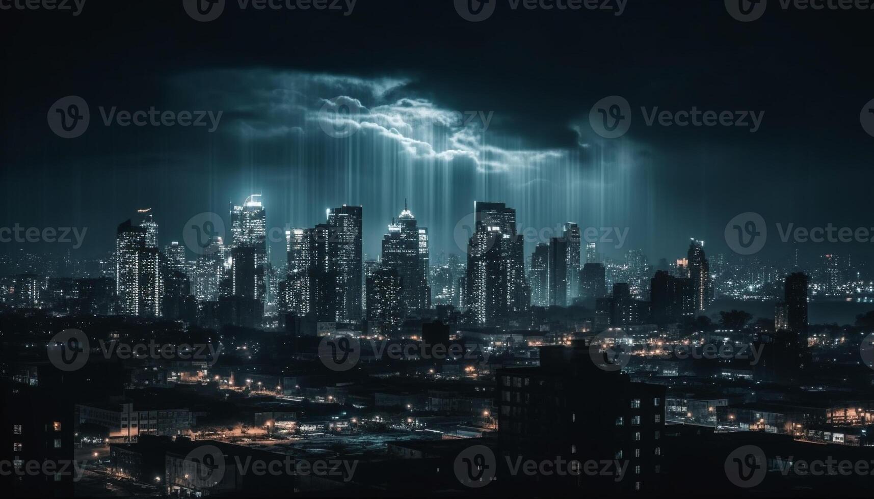 Twilight illuminates futuristic city skyline, reflecting on crowded water below generated by AI photo