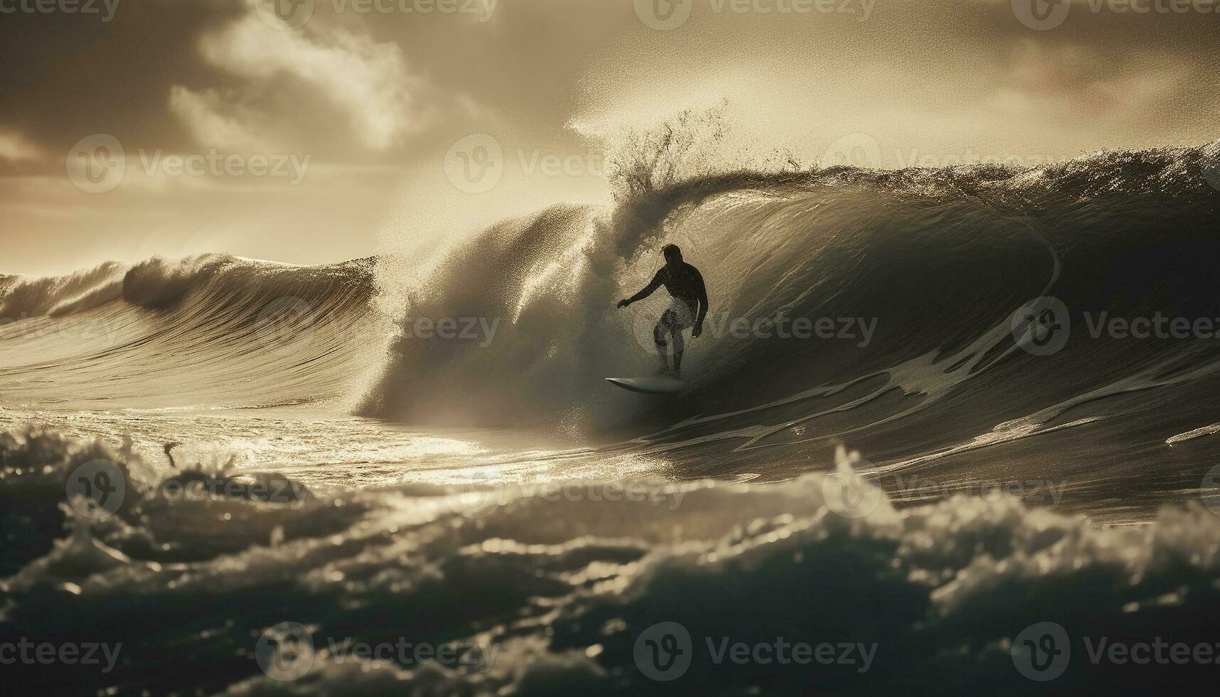 Sun kissed athlete rides pipeline wave in tropical Bali paradise generated by AI photo