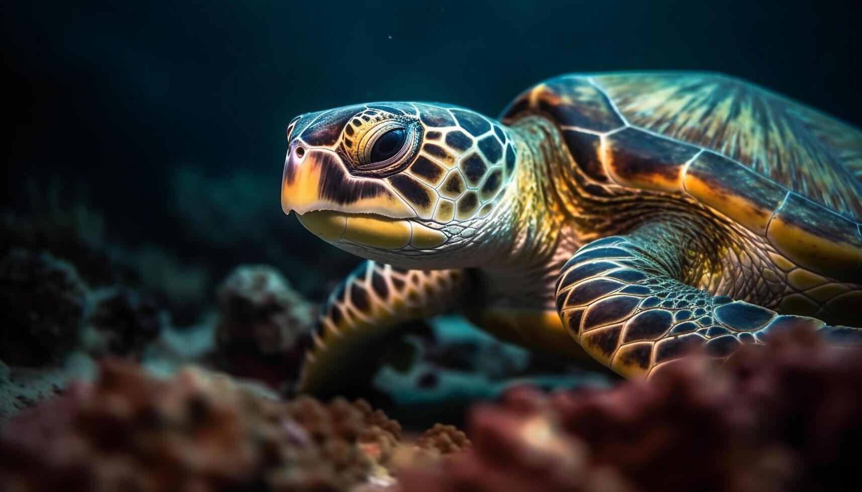 cerca arriba de un linda mar Tortuga nadando en tropical aguas generado por ai foto