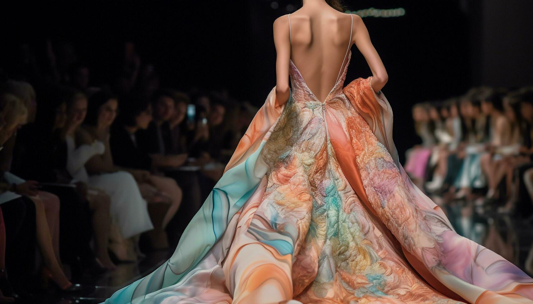 el Moda modelo caminado el escenario, exhibiendo el elegante prenda generado por ai foto