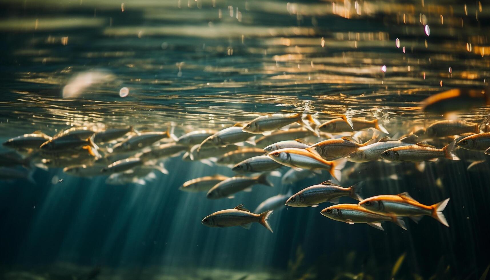 A school of fish swims in a multi colored underwater paradise generated by AI photo