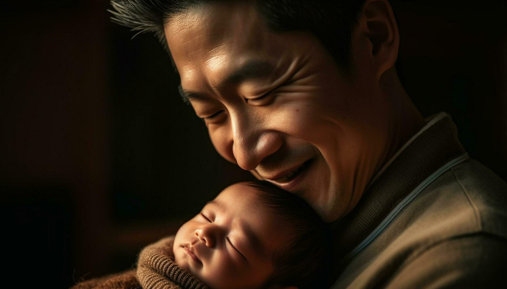Father embracing newborn son, a portrait of love and bonding generated by AI photo