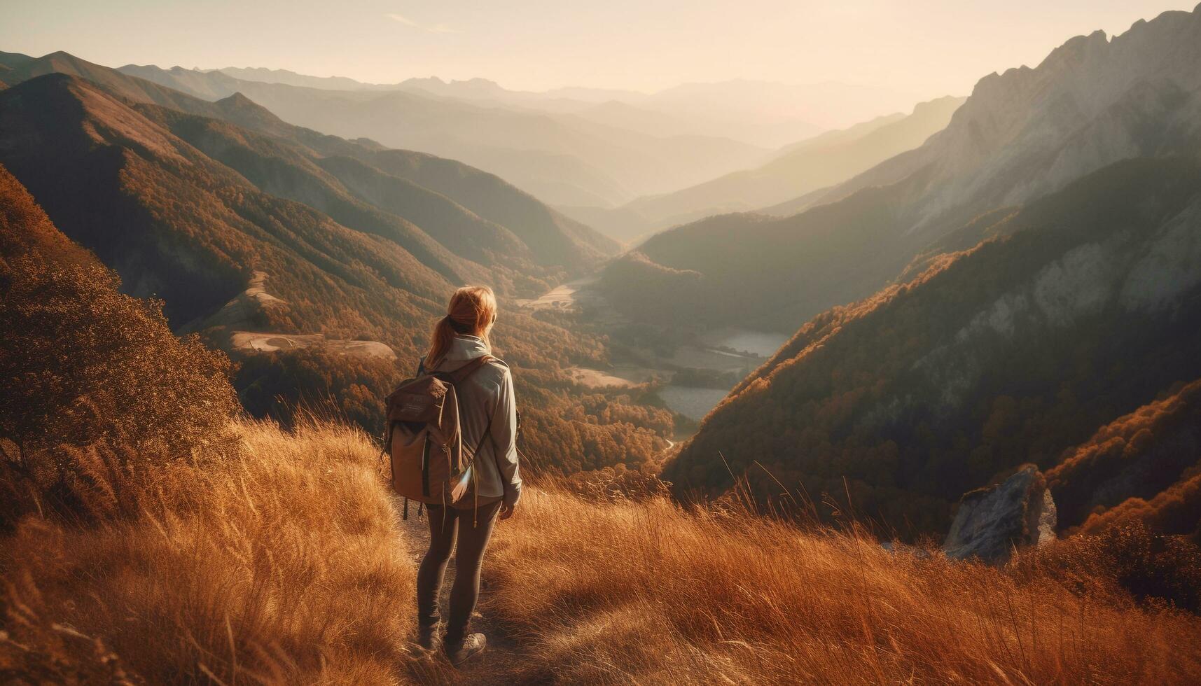 One person hiking mountain peak in autumn, enjoying nature beauty generated by AI photo