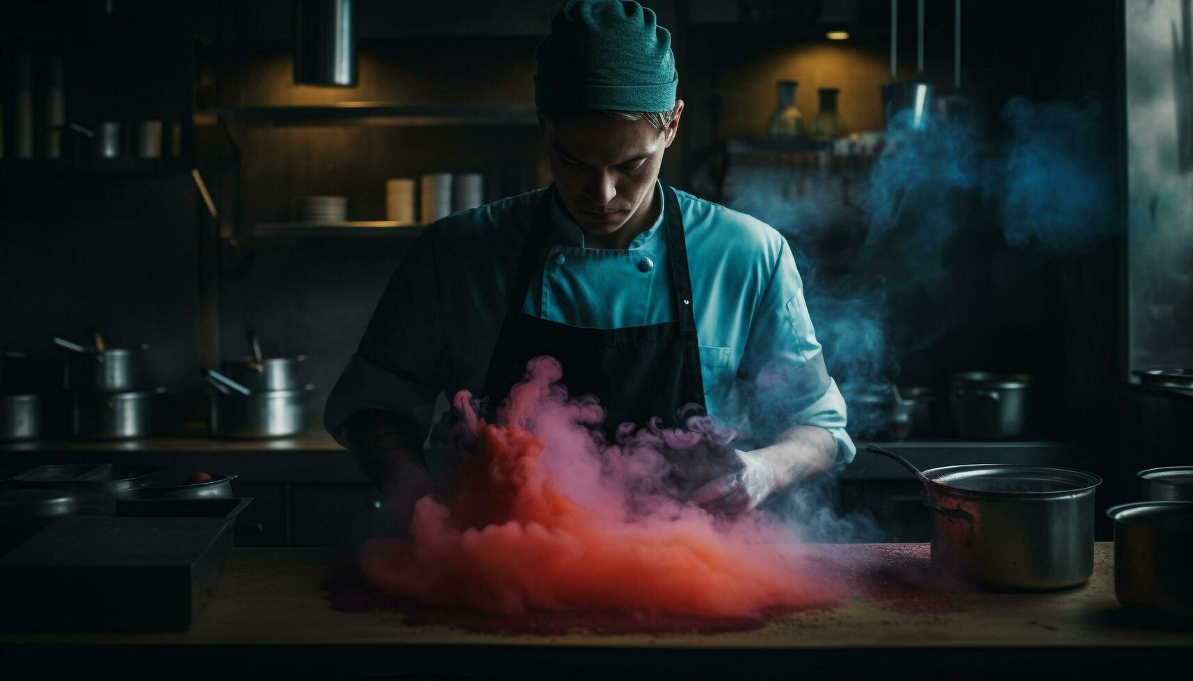 uno caucásico cocinero, preparando gastrónomo comida en comercial cocina generado por ai foto