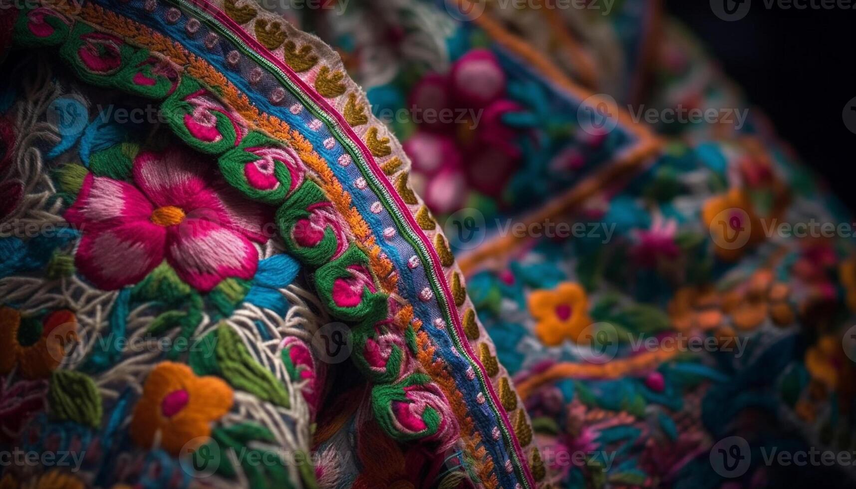 Vibrant wool tapestry showcases ornate embroidery of East Asian cultures generated by AI photo